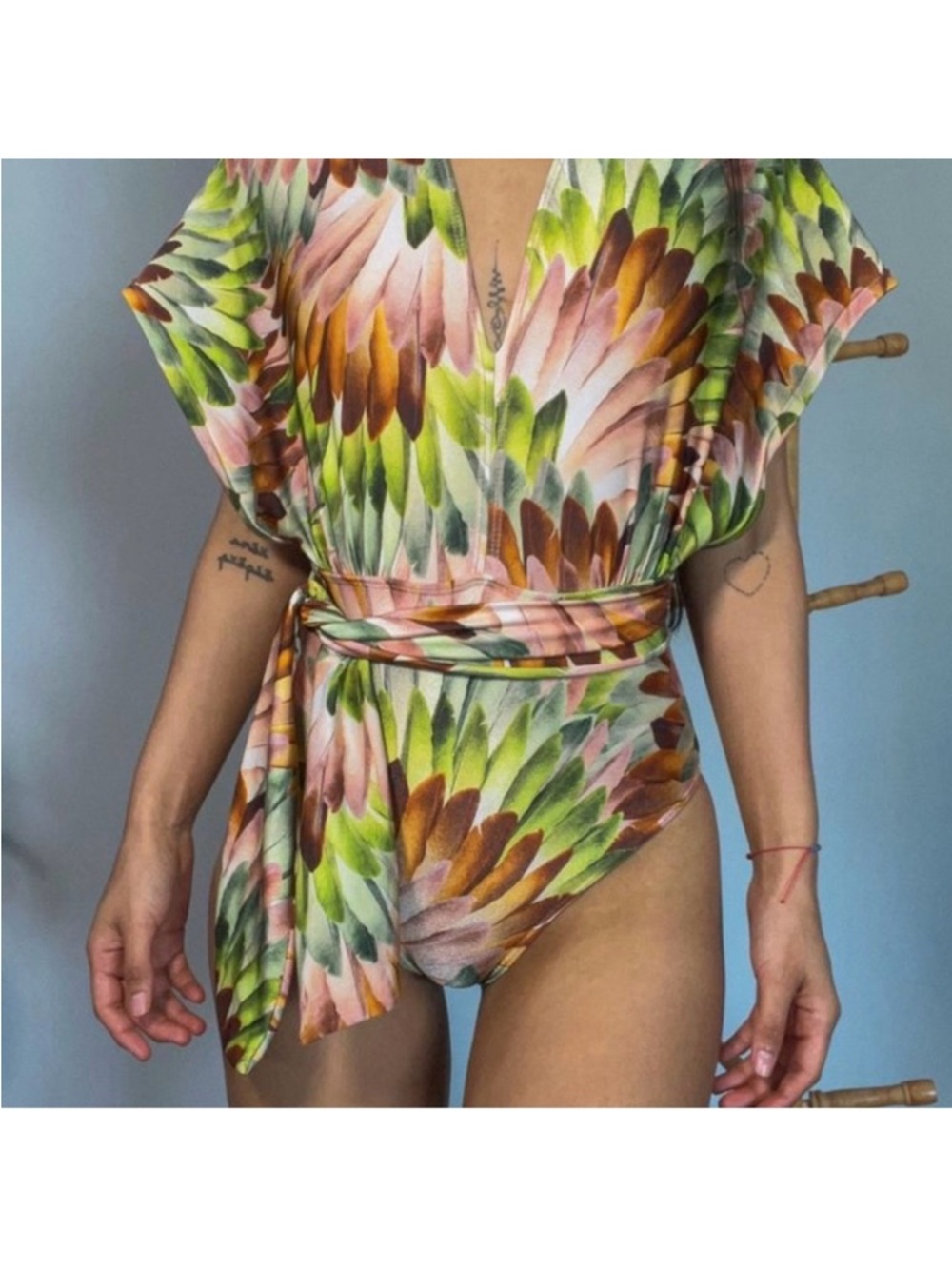 Marisa M Feather-Print Wrap swim/bodysuit